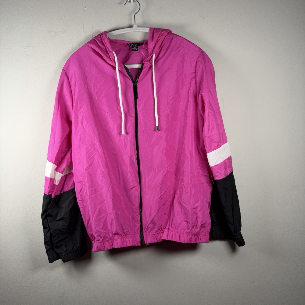 Love J 80's Style Zip Up Track Jacket In Neon‎ Pink Hood Light Material Stripe